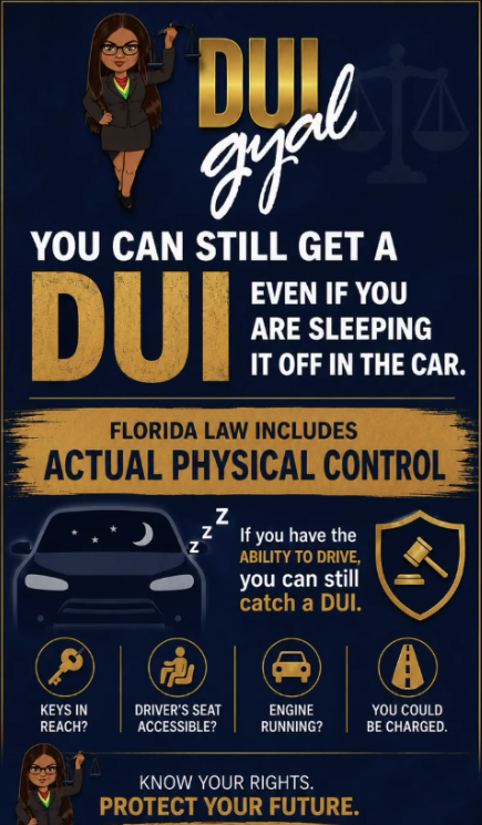 DUI Gyal legal education artwork explaining actual physical control when sleeping in a parked car