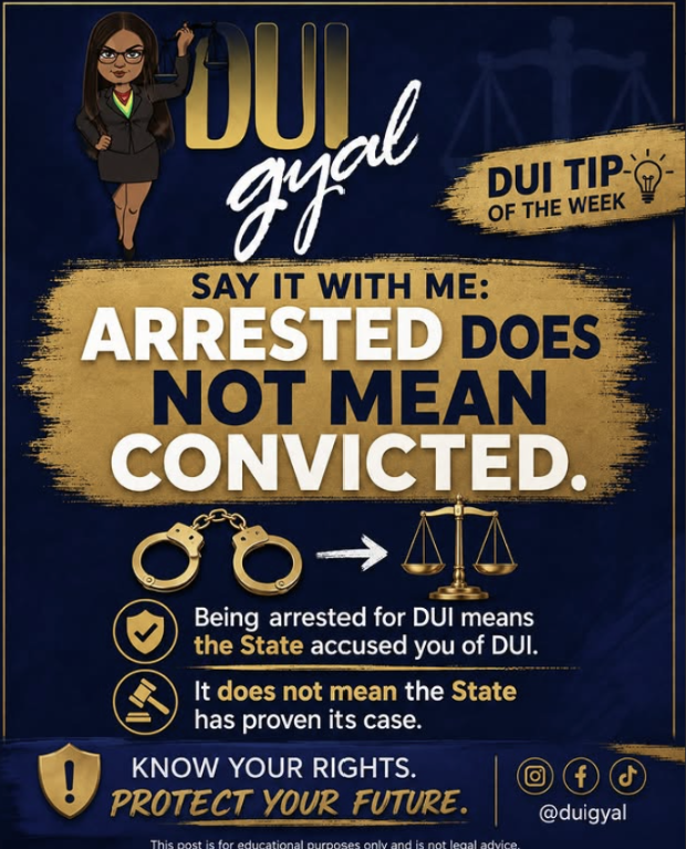 DUI Gyal legal education artwork explaining that an arrest does not mean a conviction